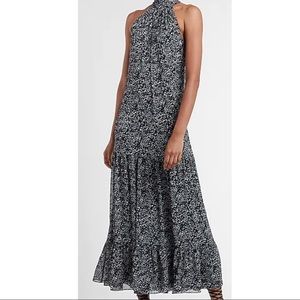 Printed High Neck Tie Back Tiered Maxi Dress